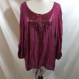 CJ Banks fuchsia 1/4 button up blouse, sequins & t
